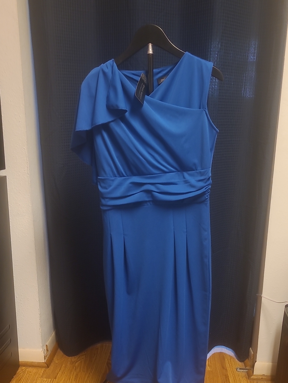 One-Shoulder Blue Draped Sheath Dress